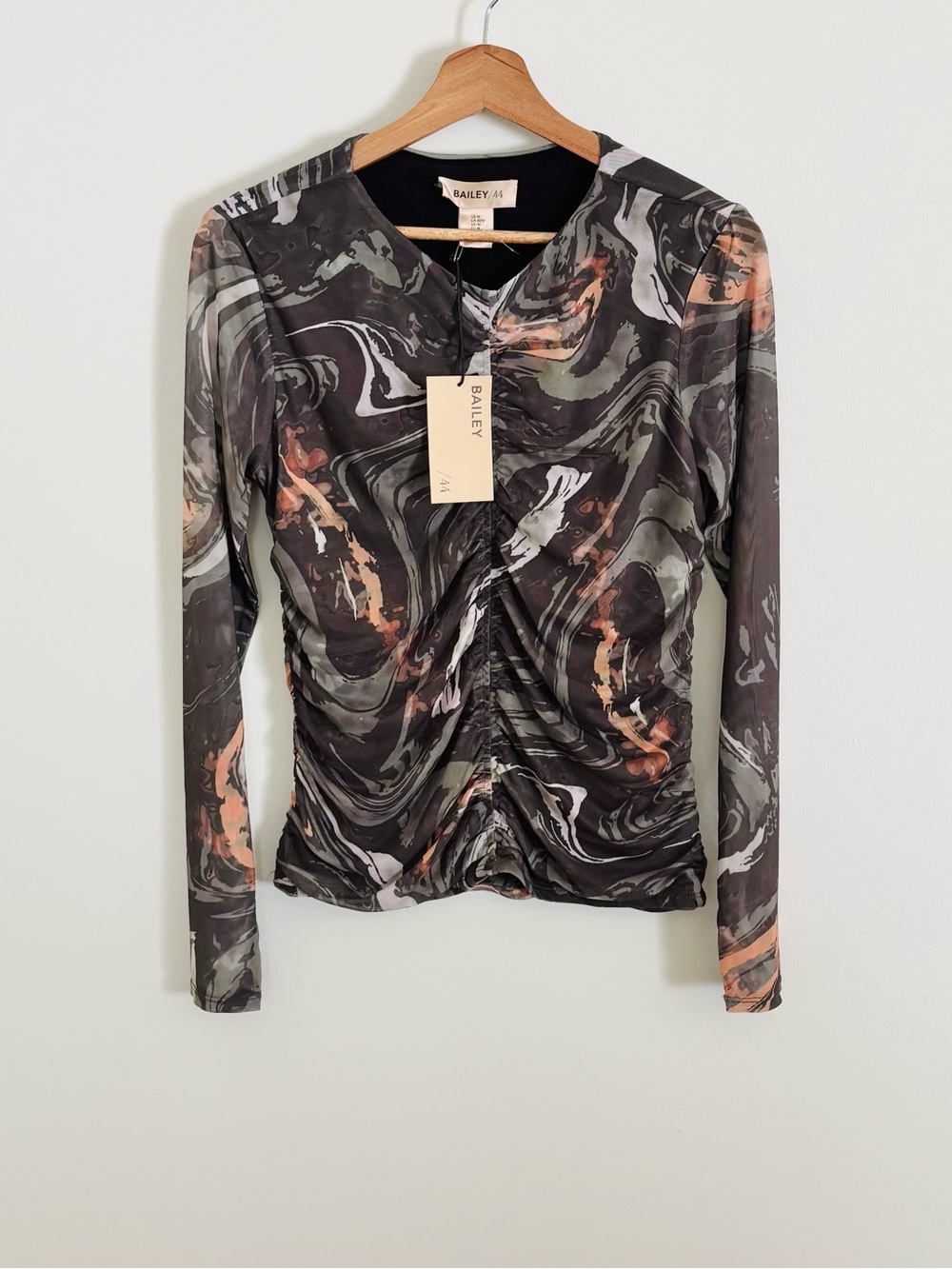 NWT Bailey 44 Mesh Ruched Long-Sleeve Top in Marble Print